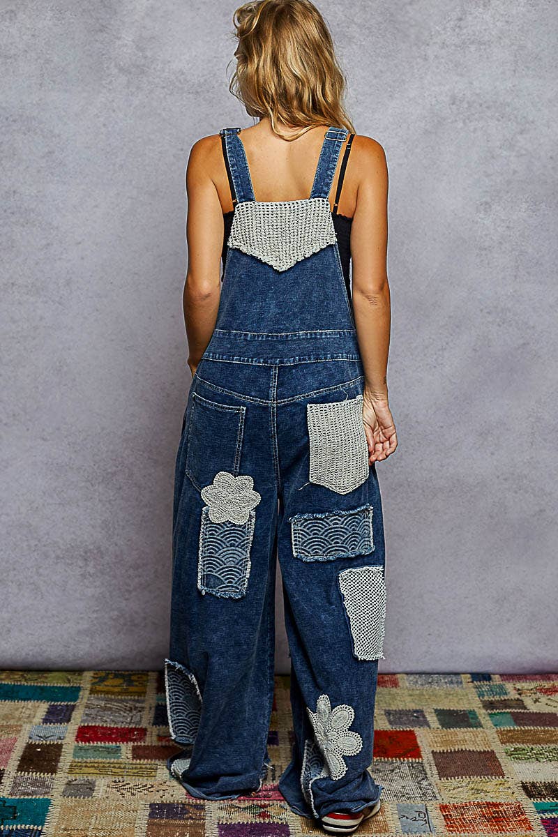 Crochet Contrast Patch Detail Chest Pocket Woven Overalls