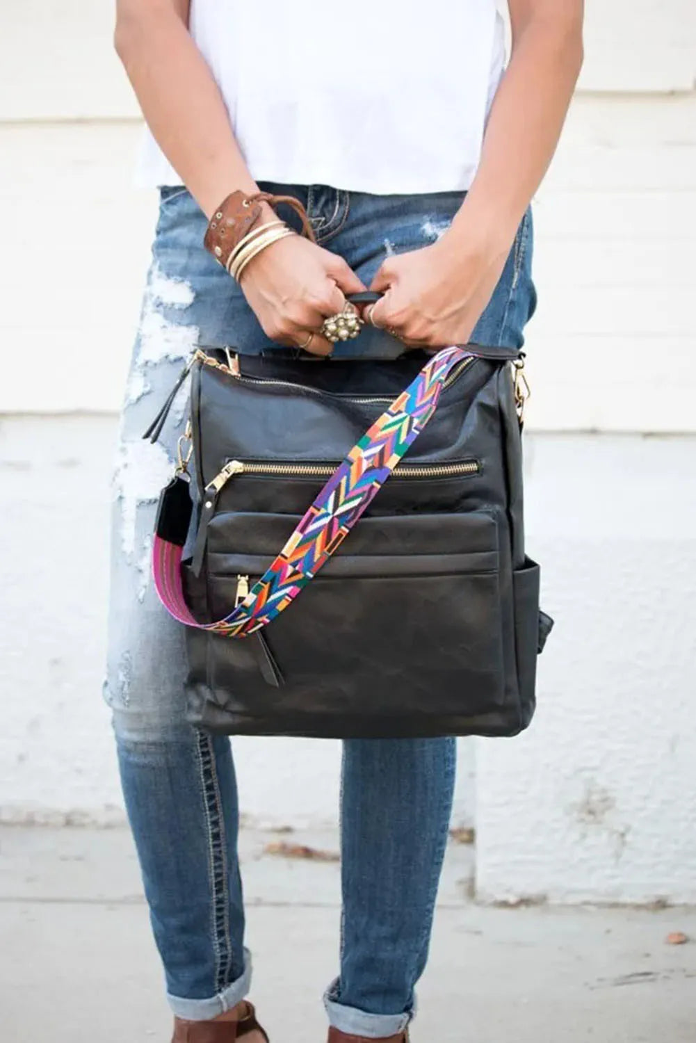 Geometric Crochet Strap PU Leather Large Backpack