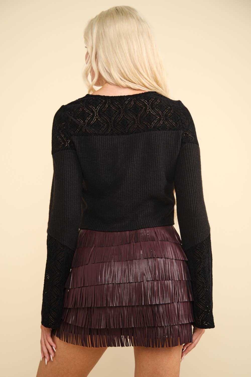 V-Neck Contrast Lace Detail Button Down Knit Top