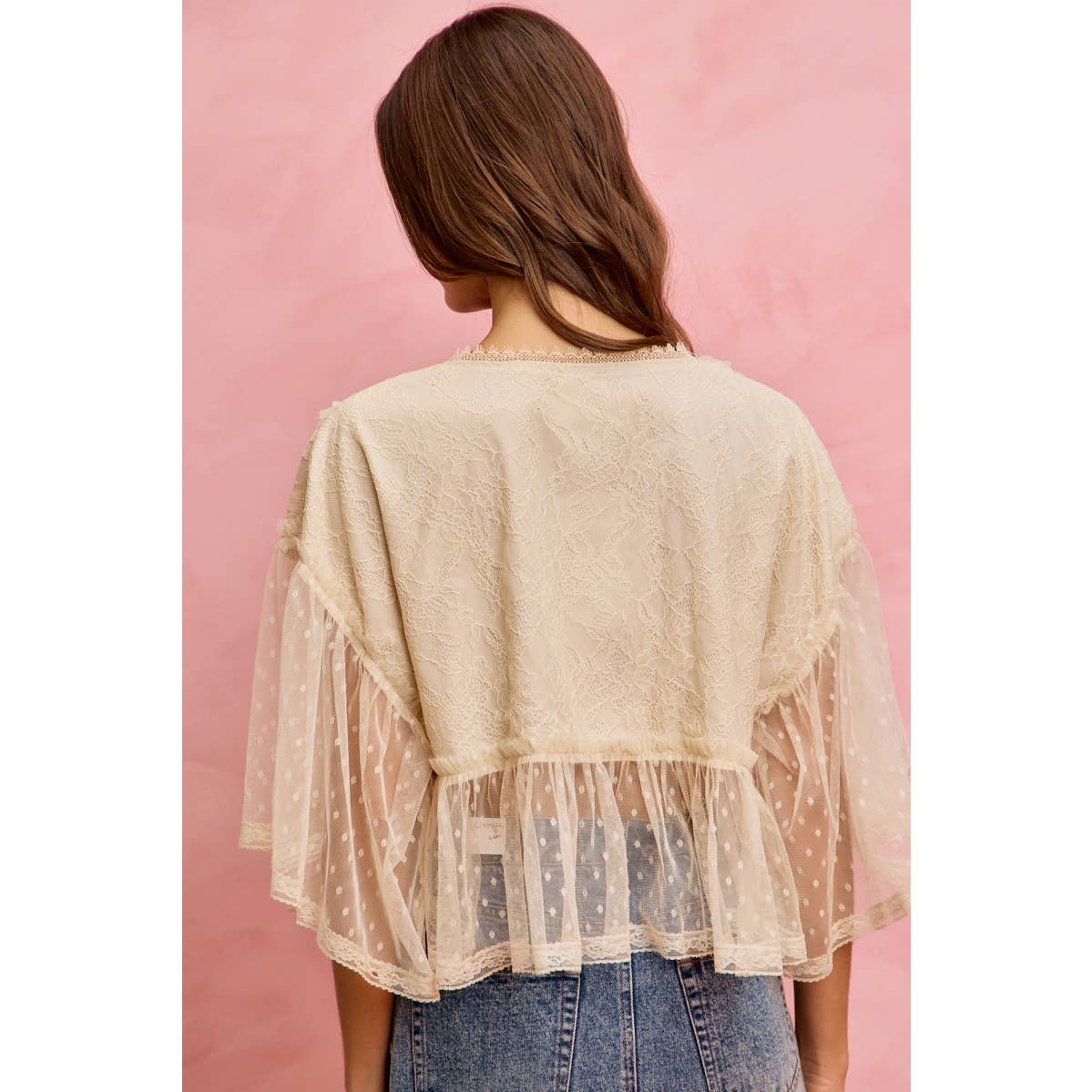 FLORAL APPLIQUE LACE FLOWY V NECK BLOUSE TOP
