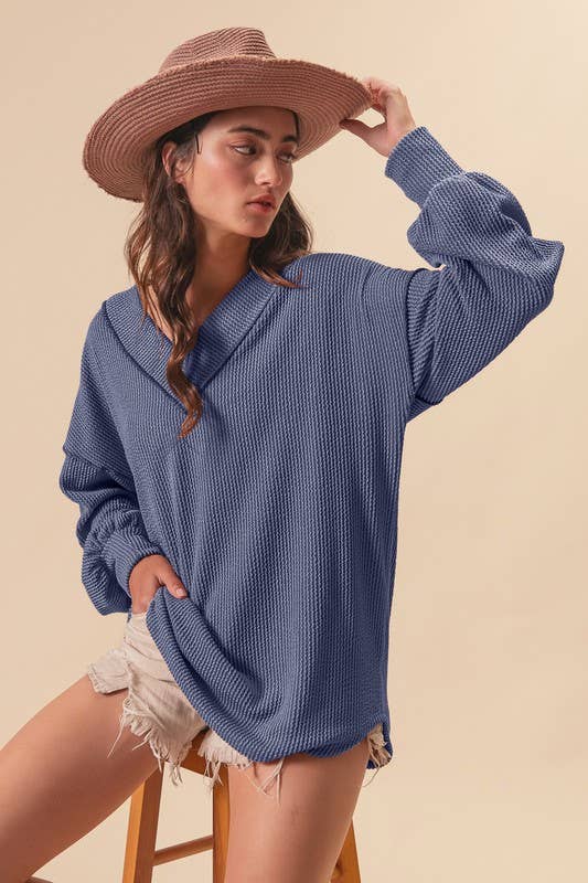2tone Cord Rib Contrast Stitching V Neck Top