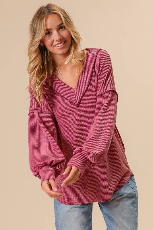 2tone Cord Rib Contrast Stitching V Neck Top
