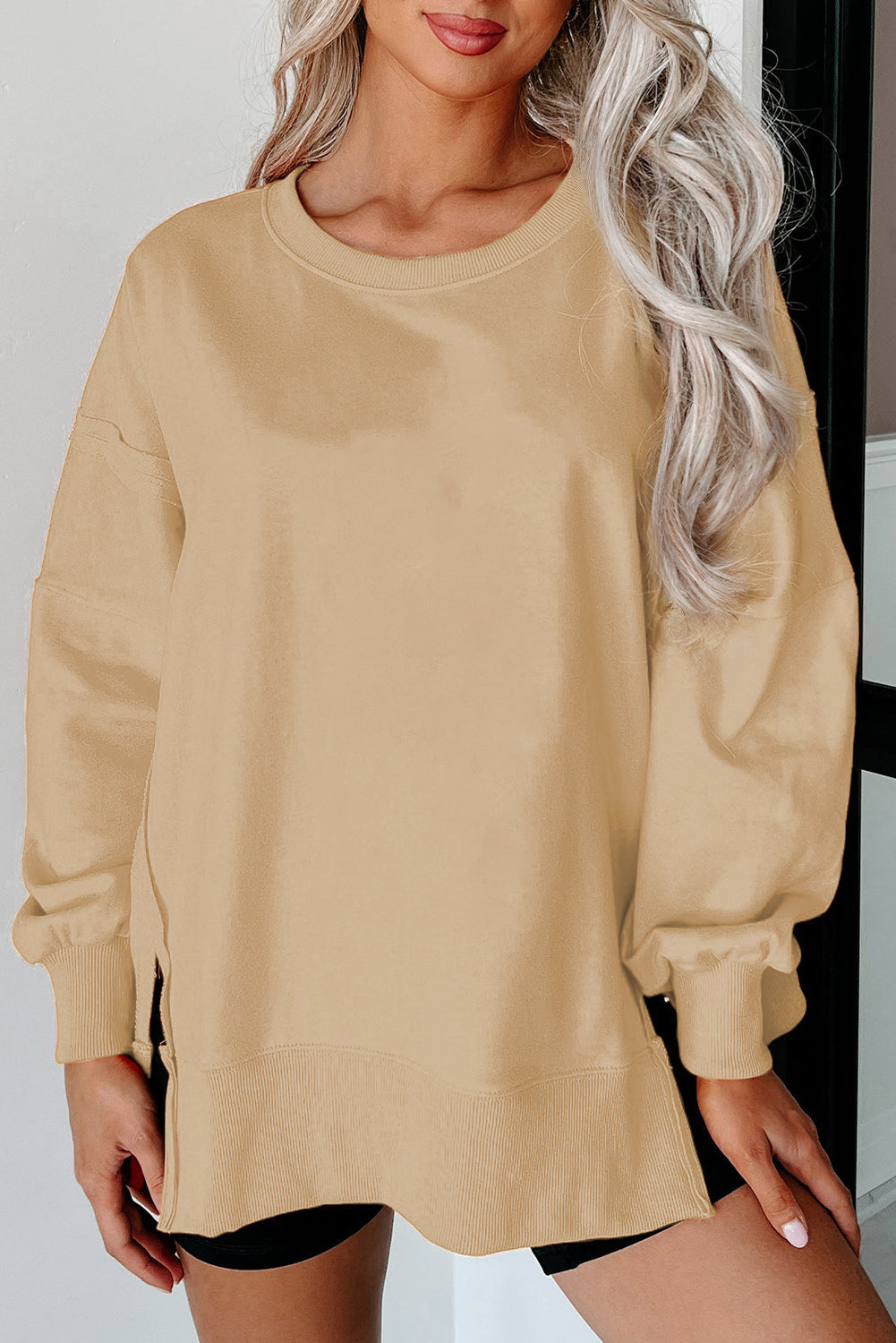 Exposed Seam Drop Shoulder Round Neck Sweatshirt with Slits