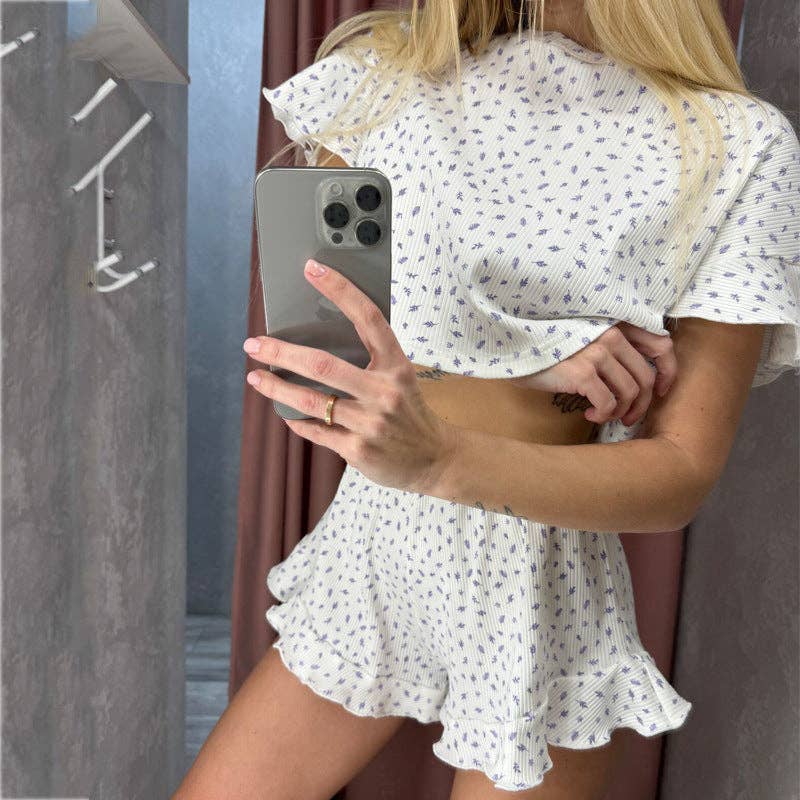 Graphic Ruffle Hem Cropped Shirt & Shorts Pajama Set