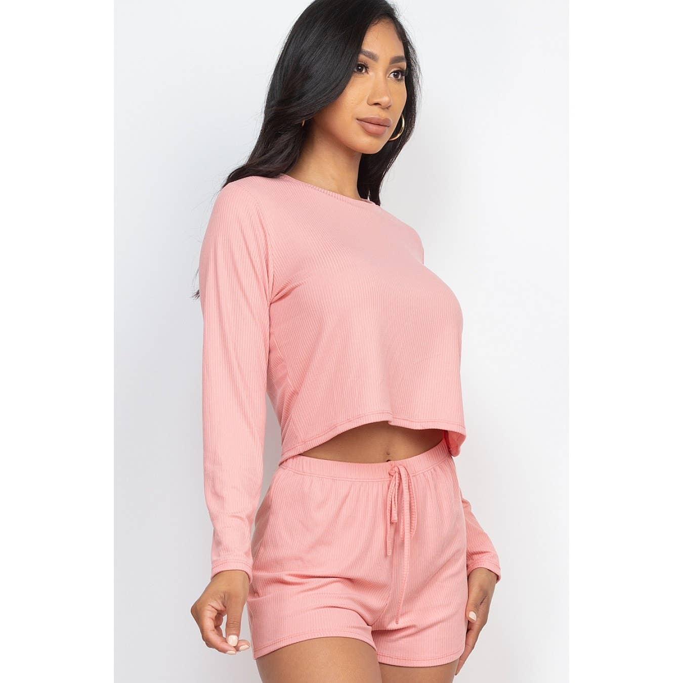 Ribbed Long Sleeves Top and Shorts Set