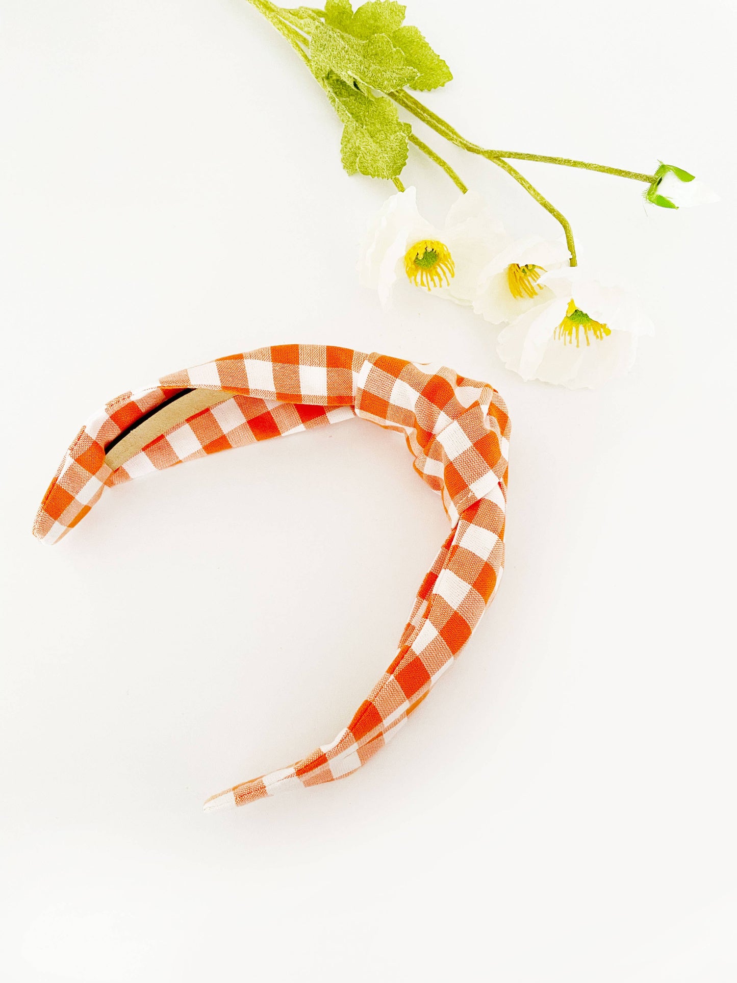 Orange Gingham Plaid Women's Knotted Headband, Modern Boho