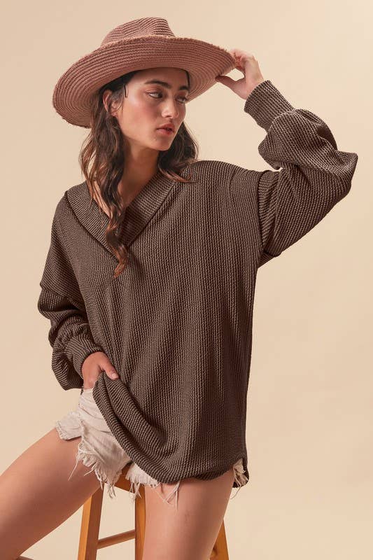2tone Cord Rib Contrast Stitching V Neck Top