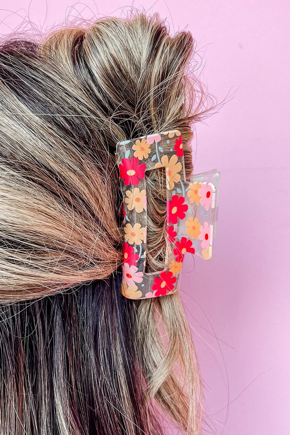 Floral Print Clear Plastic Square Hair Claw Clip
