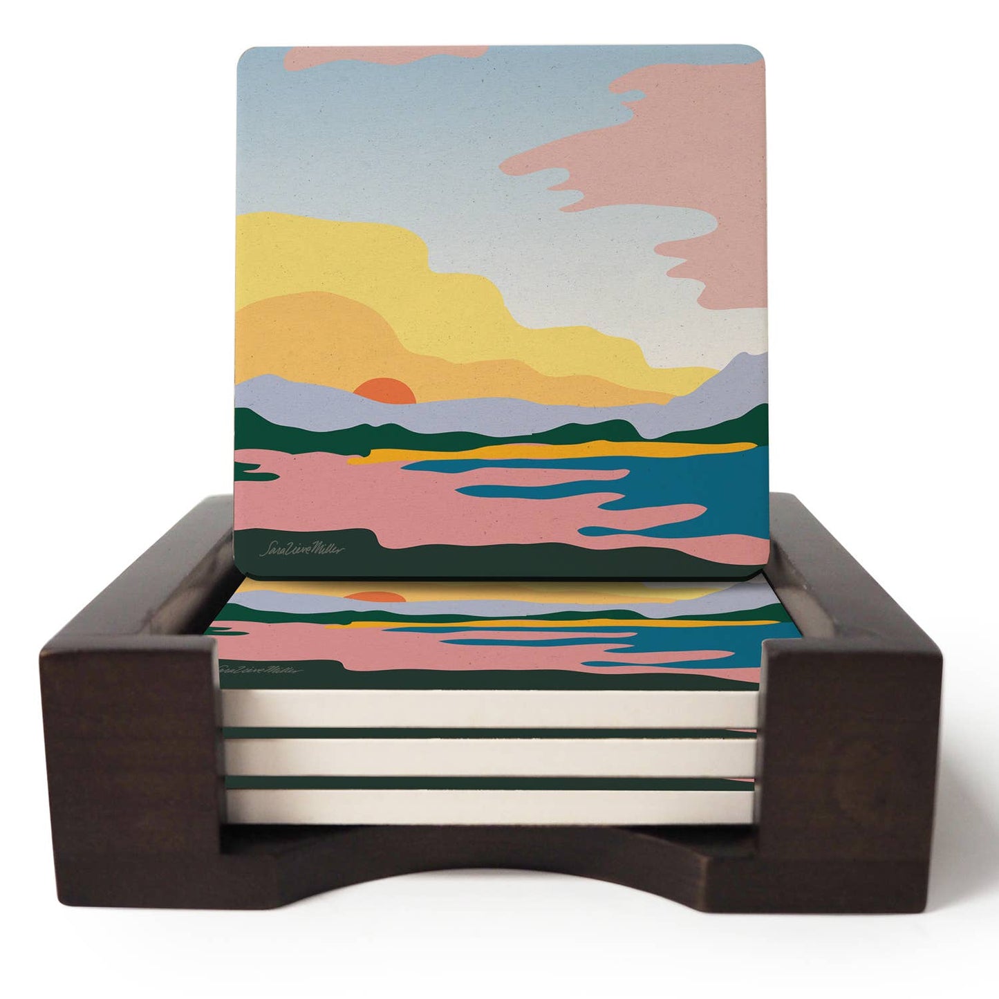 Dark Flat Wood Coaster Holder-Empty-Holds 4 Square Coasters