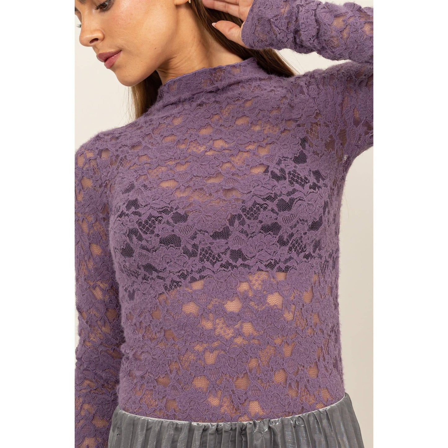 LONG SLEEVE BRUSHED LACE HIGH NECK TOP