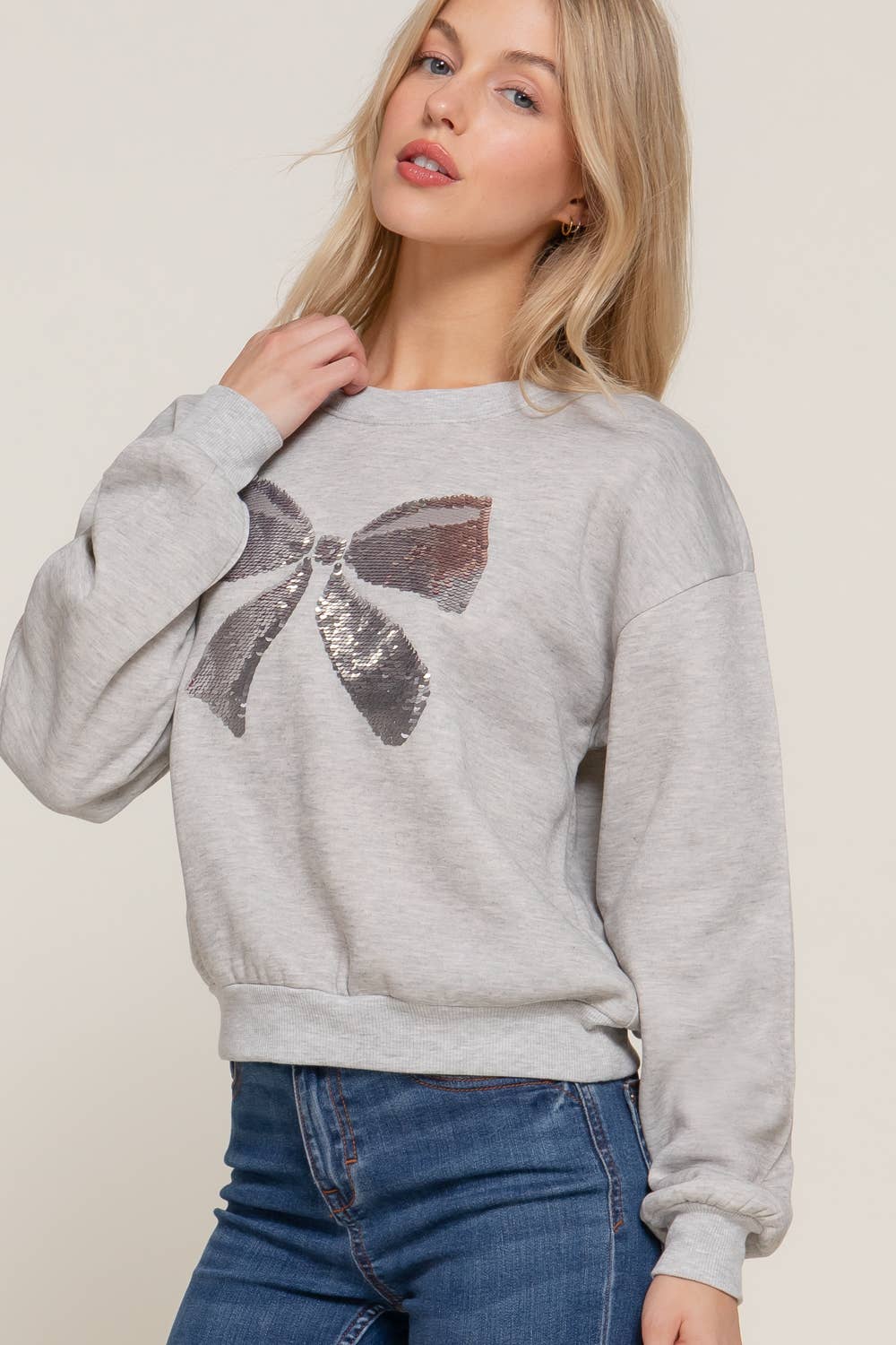 Long Sleeve Crew Neck Sequin Detail Inner Fleece Sweatshirt