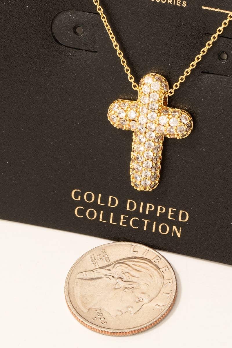 Gold Dipped Cz Pave Bubble Cross Pendant Necklace