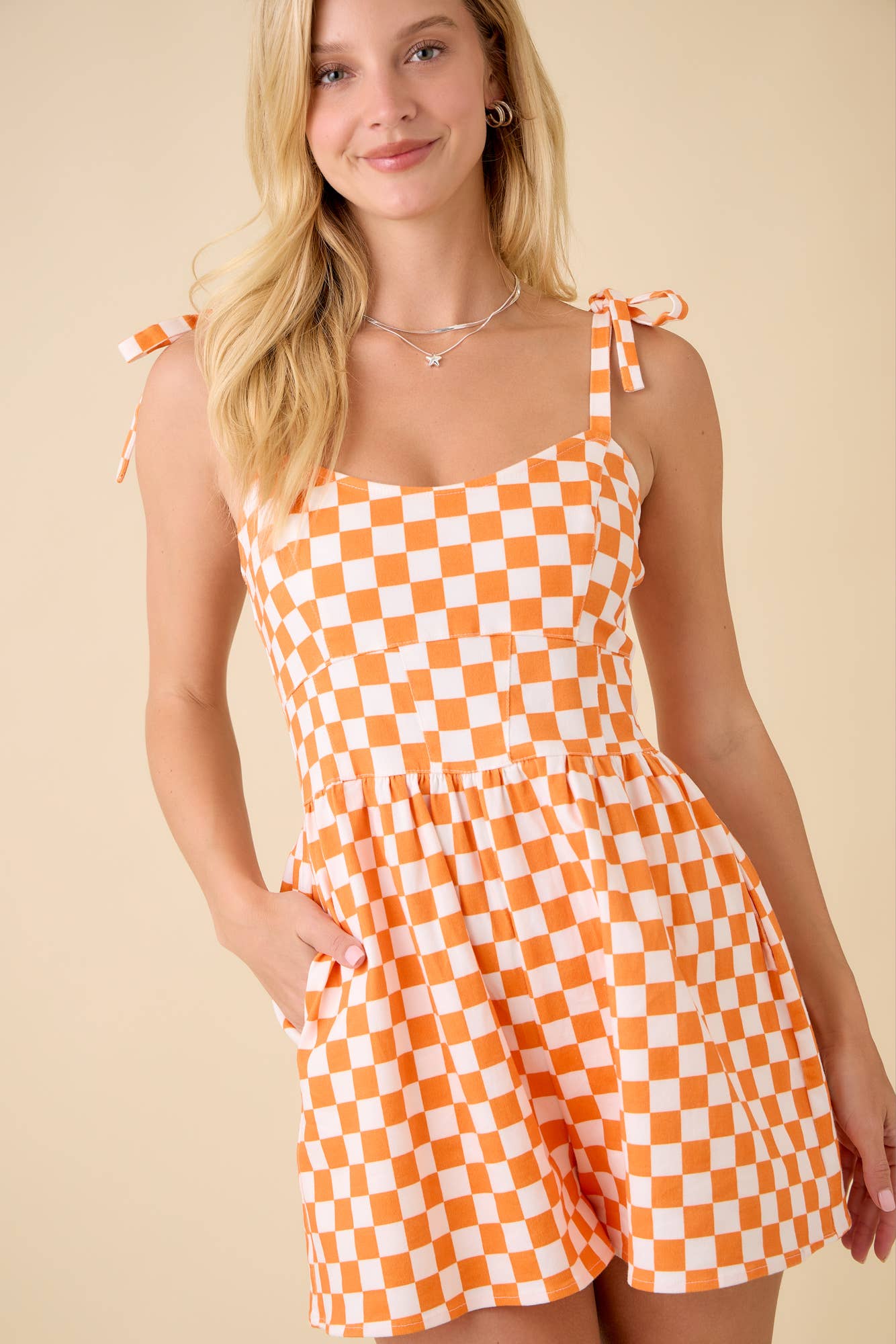 Checker Denim Print Shoulder Strap Tie Denim Romper