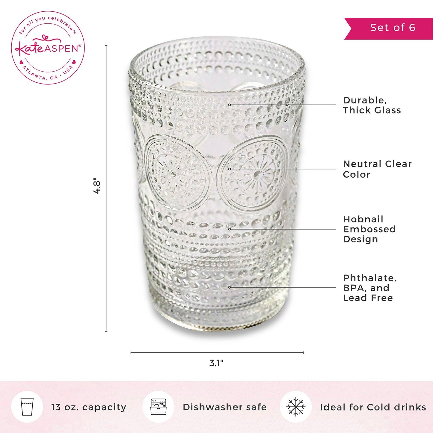 13 oz. Hobnail Beaded Floral Clear Drinking Glass