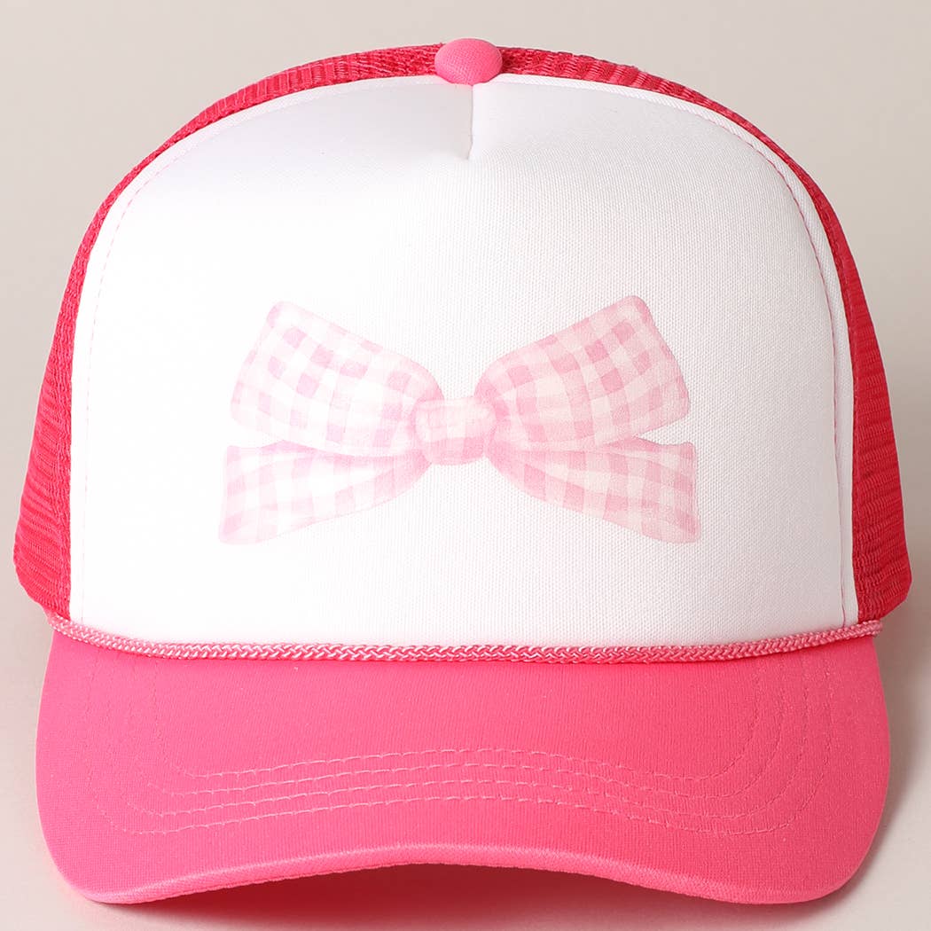 Checkered Bow Print Foam Mesh Back Trucker Hat