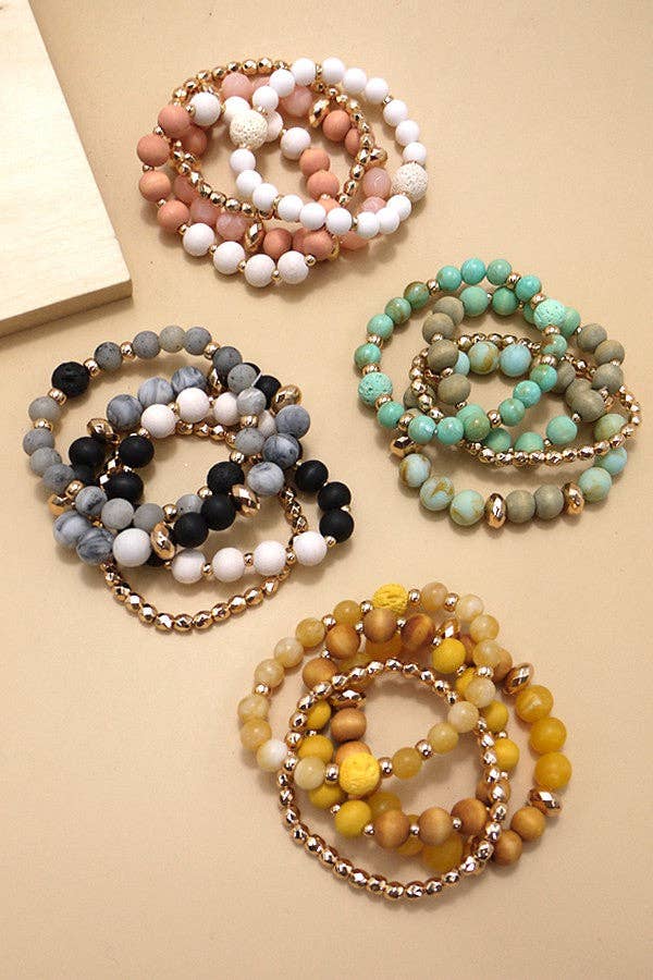 WOOD GLASS CCB 4 ROW STRETCH BRACELET SET