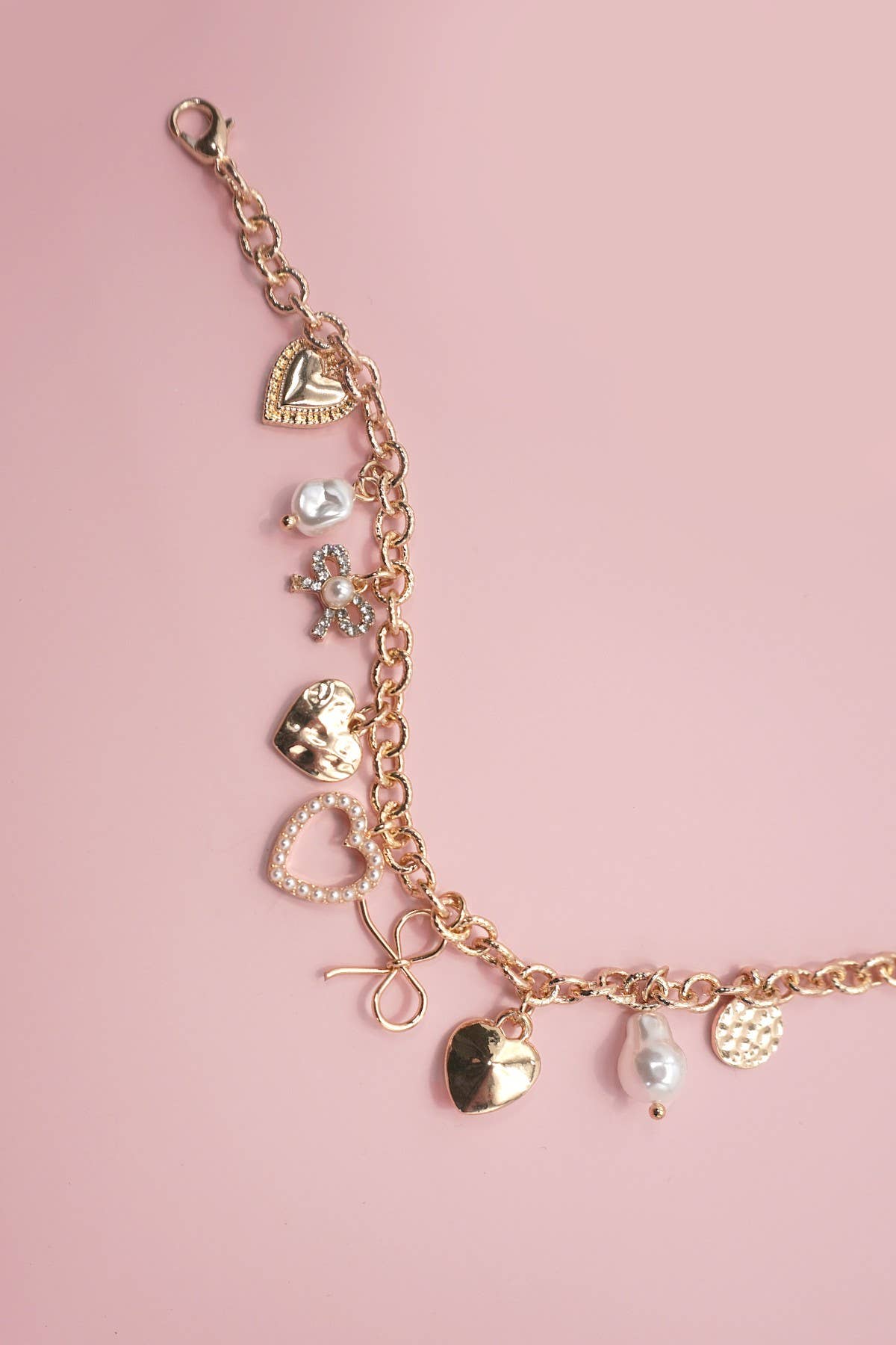 CHARM BRACELET-BOW HEART PEARL DISC CHARMS