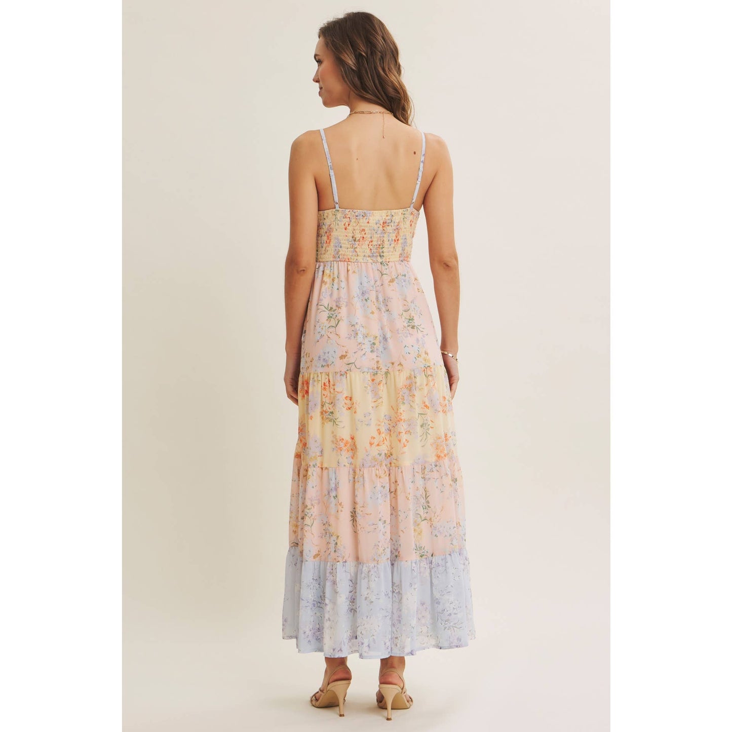 GARDEN PARTY PASTEL FLORAL COLORBLOCK SMOCKED MAXI DRESS