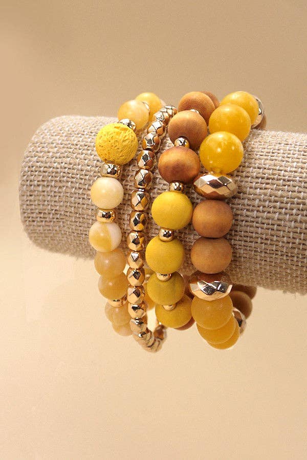 WOOD GLASS CCB 4 ROW STRETCH BRACELET SET
