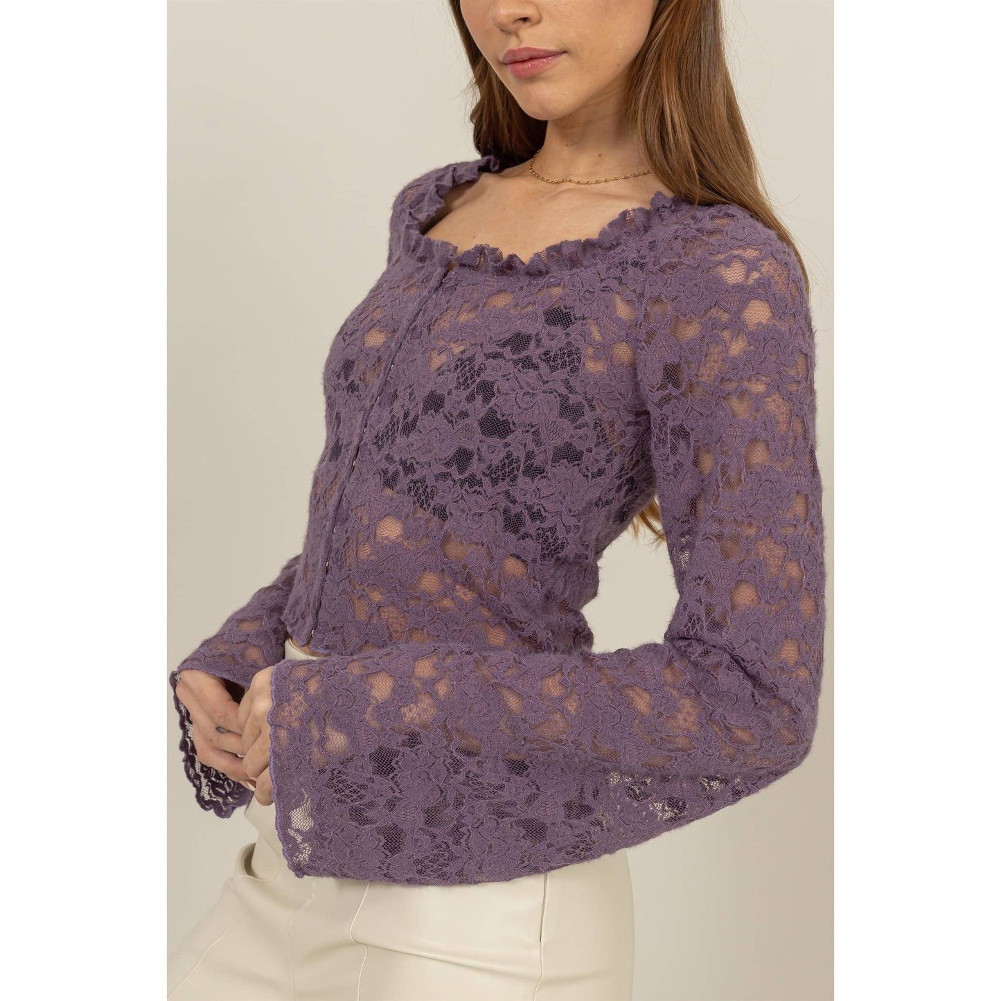 SHEER LACE LONG-SLEEVE BUTTON-UP TOP