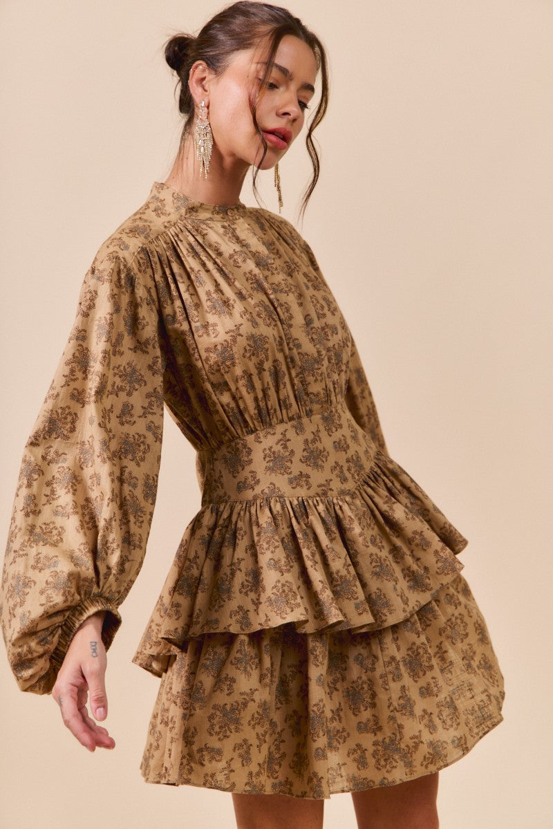 Floral Woven Flutter Tiered Boho Shirt Mini Dress