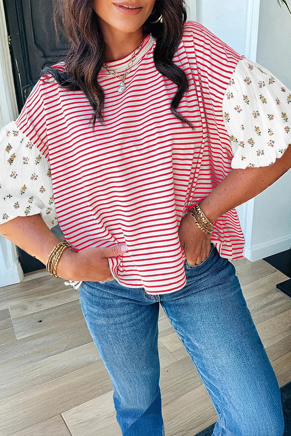 Floral Puff Sleeve Patchwork Round Neck Loose Top