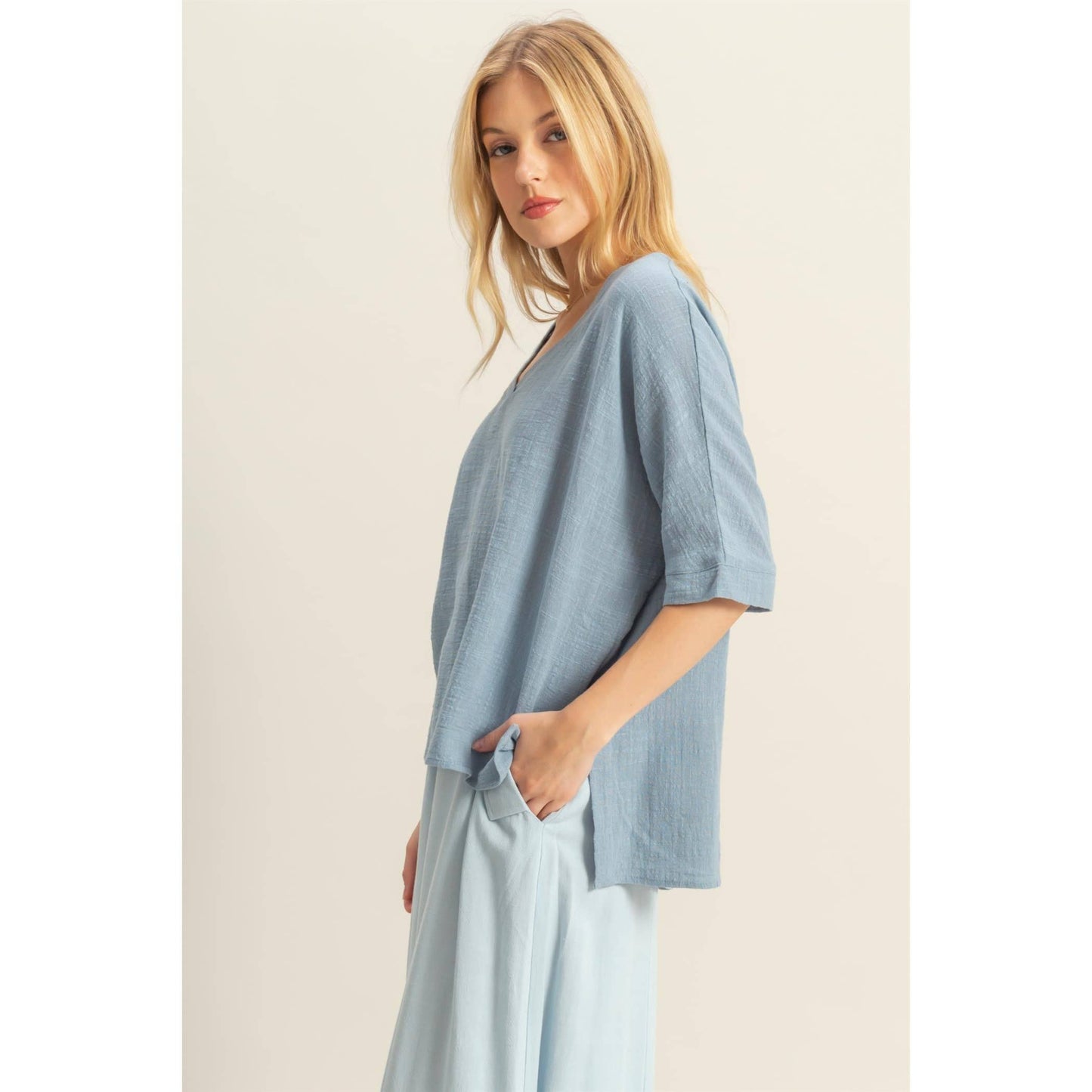 V-Neck Oversized Semi-Sheer Cotton Top