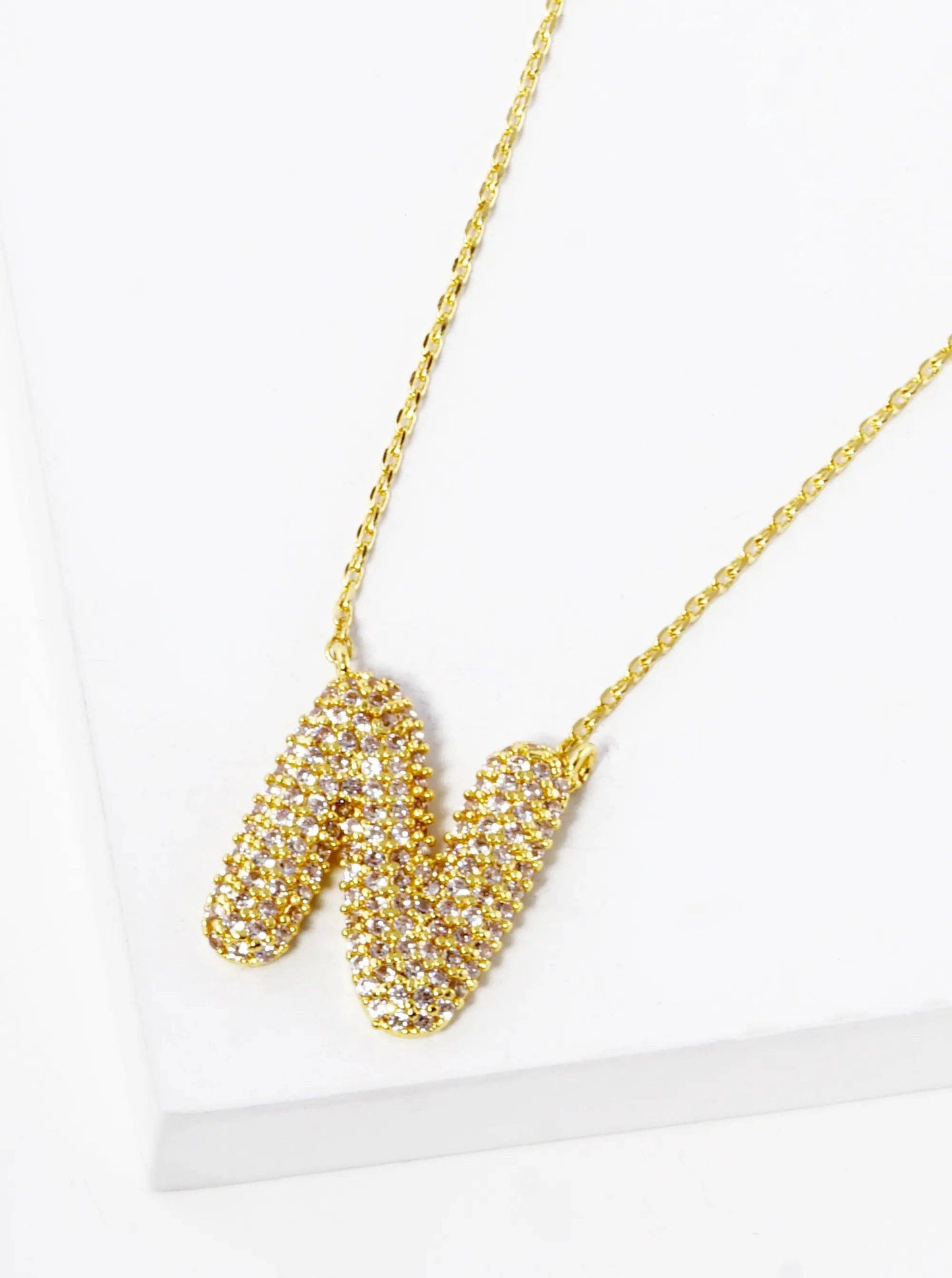 18K Gold Dipped Cz Pave Bubble Initial Pendant Necklace