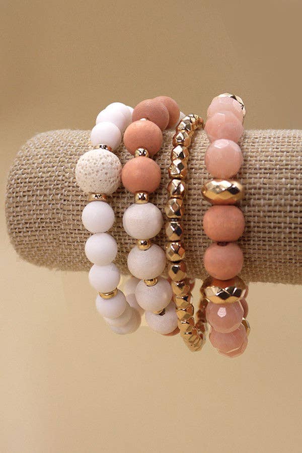 WOOD GLASS CCB 4 ROW STRETCH BRACELET SET