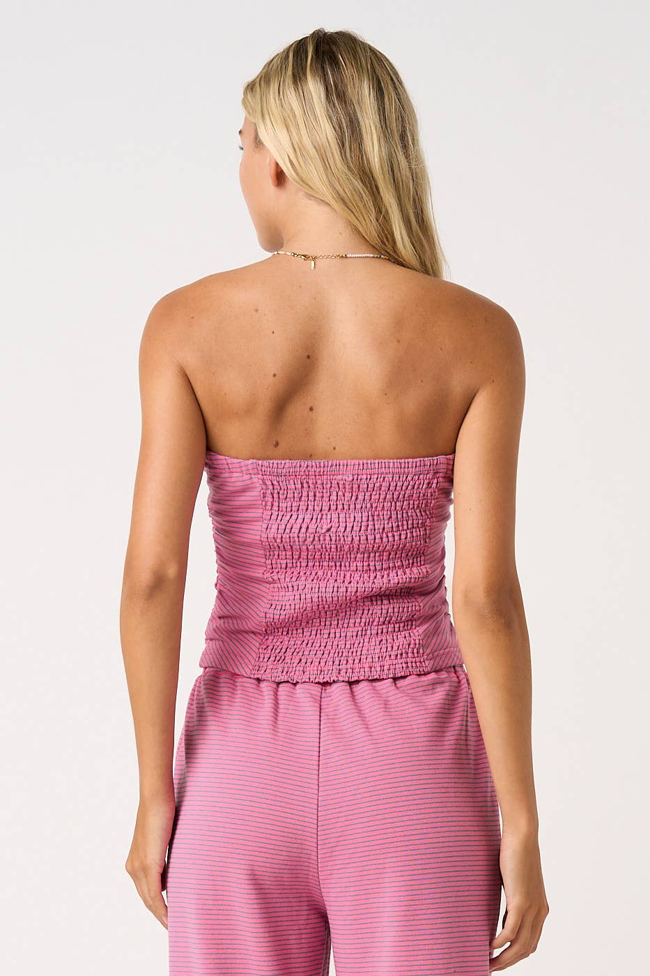 STRIPED PRINT SMOCKED BACK TUBE TOP AND PANTS SET