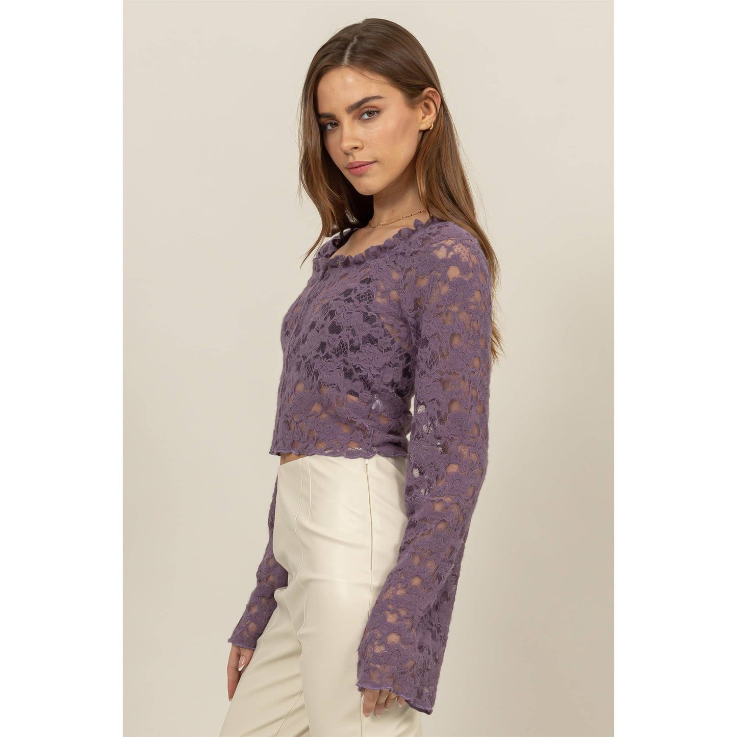 SHEER LACE LONG-SLEEVE BUTTON-UP TOP