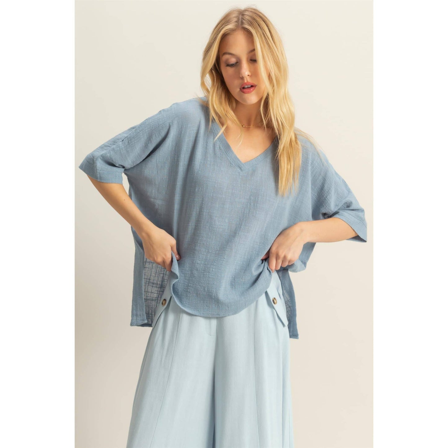 V-Neck Oversized Semi-Sheer Cotton Top