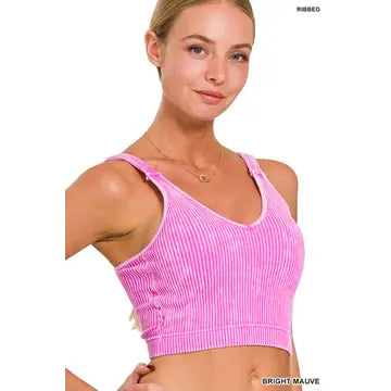 Washed Ribbed Cropped Bra Padded Tank Top