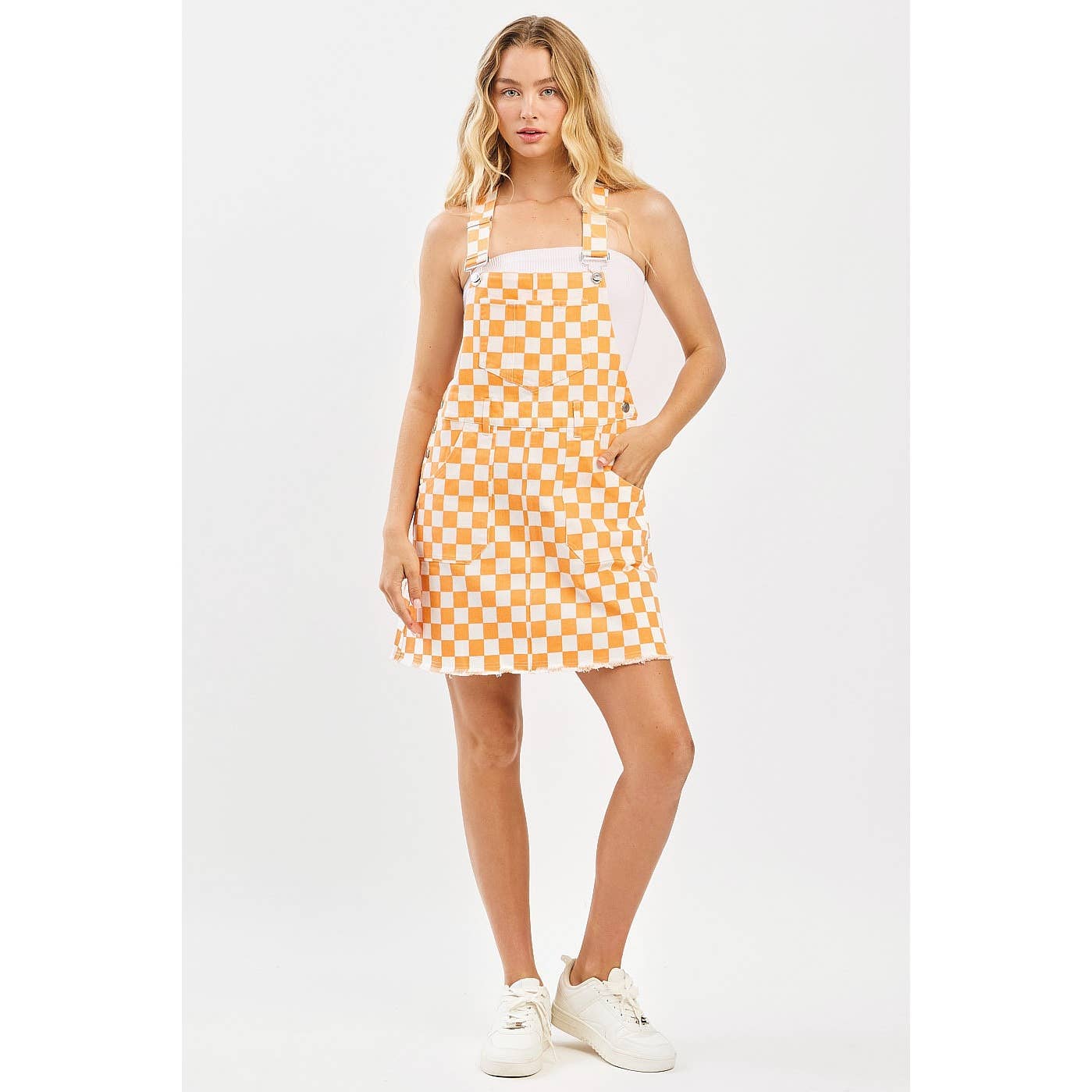 GAME DAY CHECKERED BIB OVERALL MINI DRESS