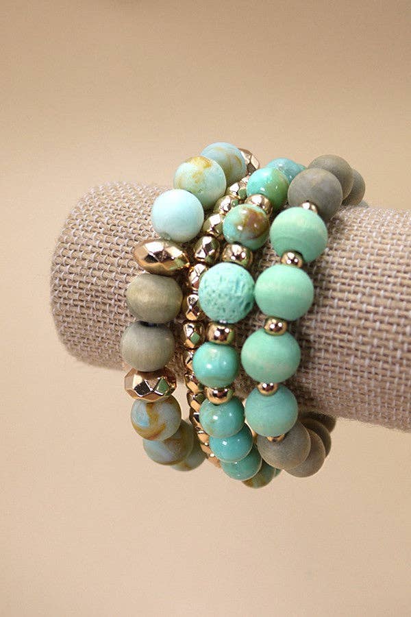 WOOD GLASS CCB 4 ROW STRETCH BRACELET SET