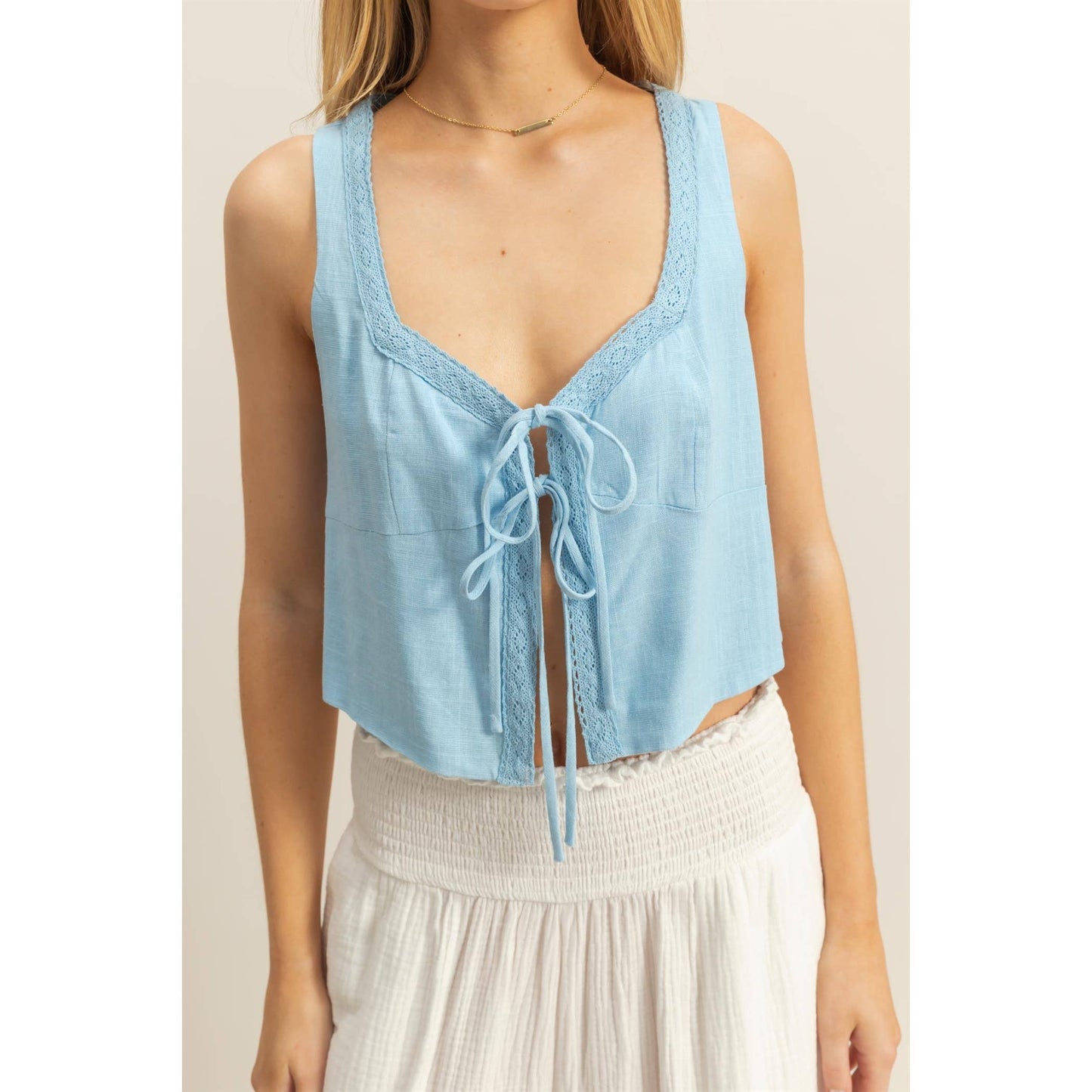 Sweetheart Neck Front Tie Sleeveless Linen Top