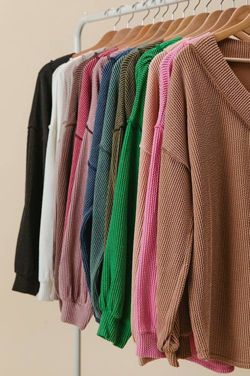 2tone Cord Rib Contrast Stitching V Neck Top