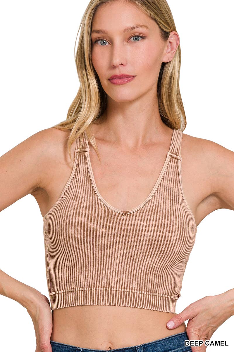 Washed Ribbed Cropped Bra Padded Tank Top