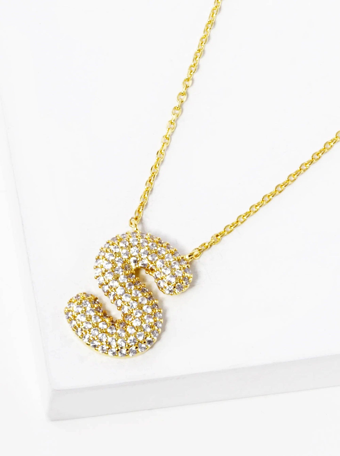 18K Gold Dipped Cz Pave Bubble Initial Pendant Necklace