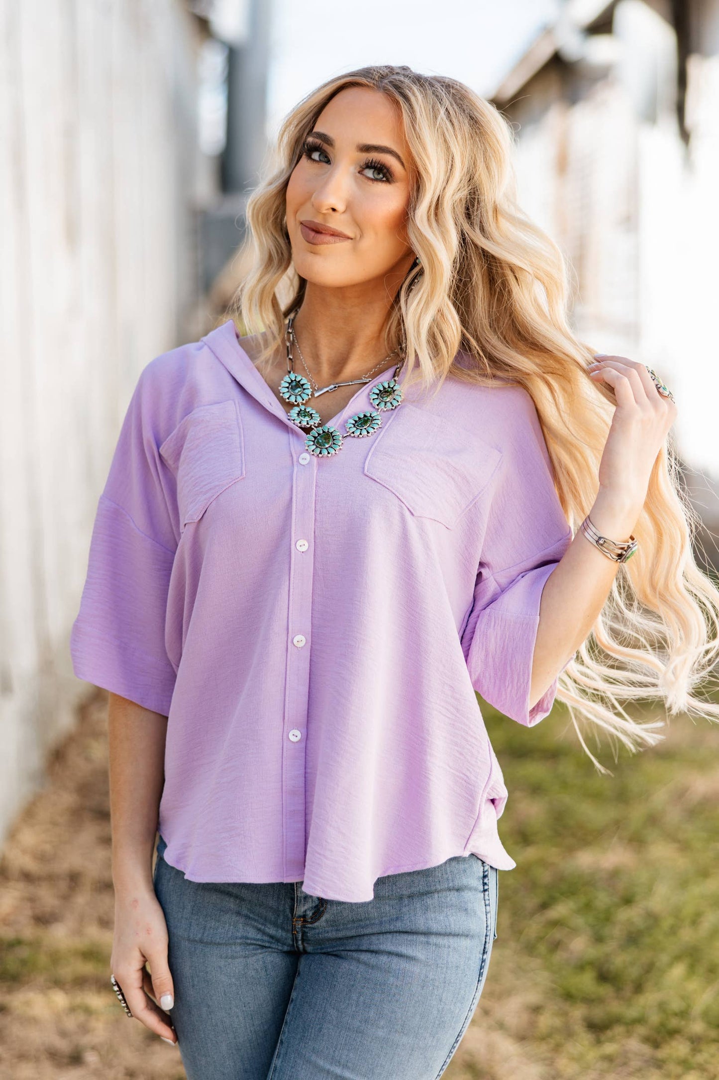 Half Sleeve Collared Button Down Top