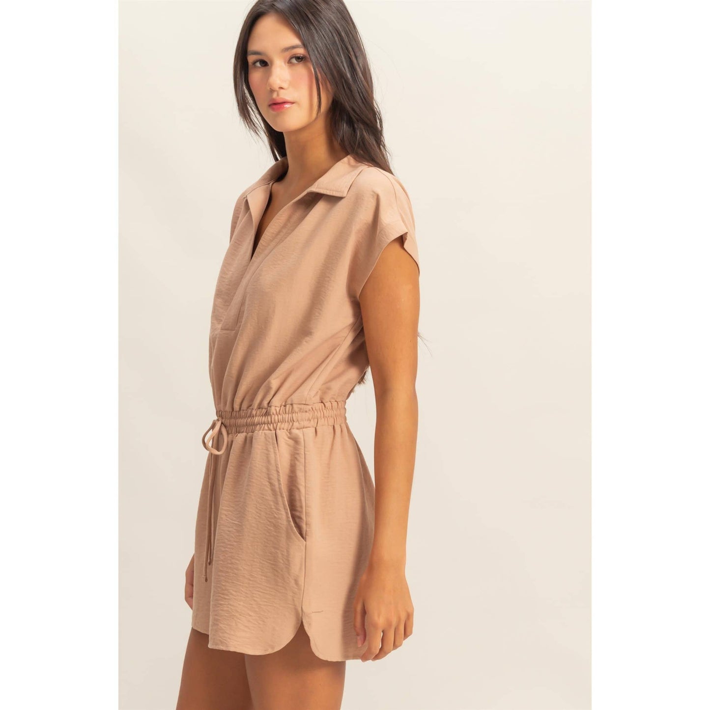 Collared Romper with Buttonless Placket