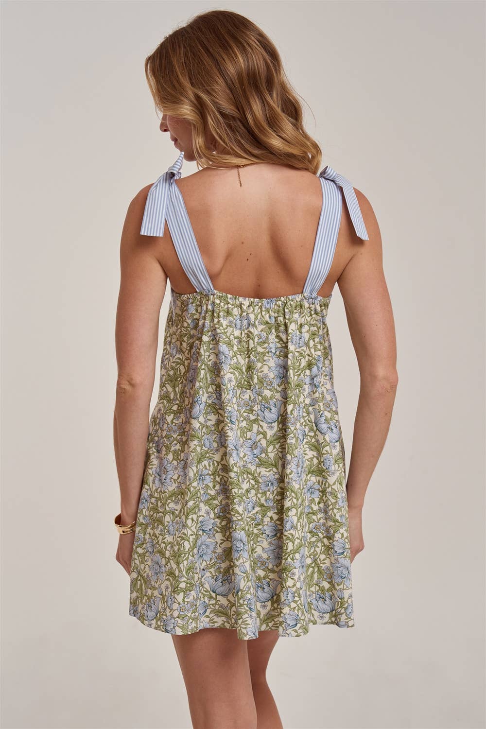 FLORAL BABYDOLL A LINE MINI DRESS WITH STRIPE TIE STRAP
