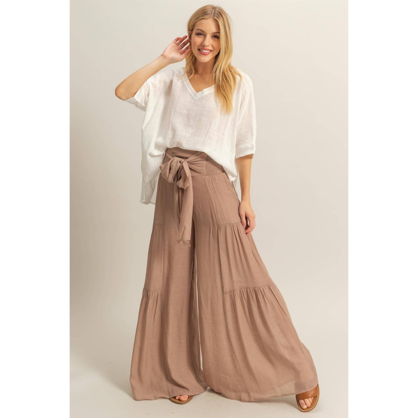 Front Tie Waist Tiered Palazzo Pants