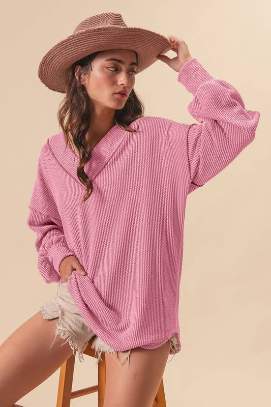 2tone Cord Rib Contrast Stitching V Neck Top