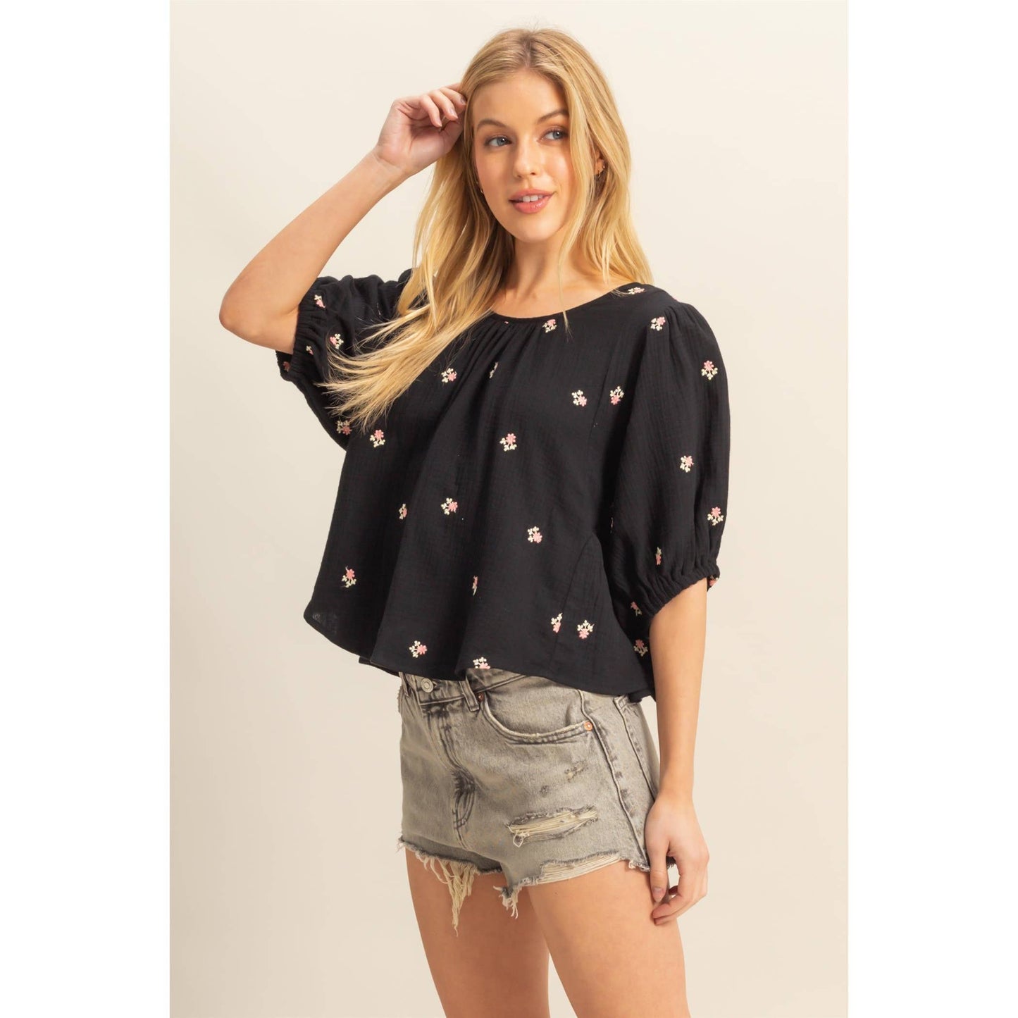 Embroidered Puff Sleeve Double Gauze Top
