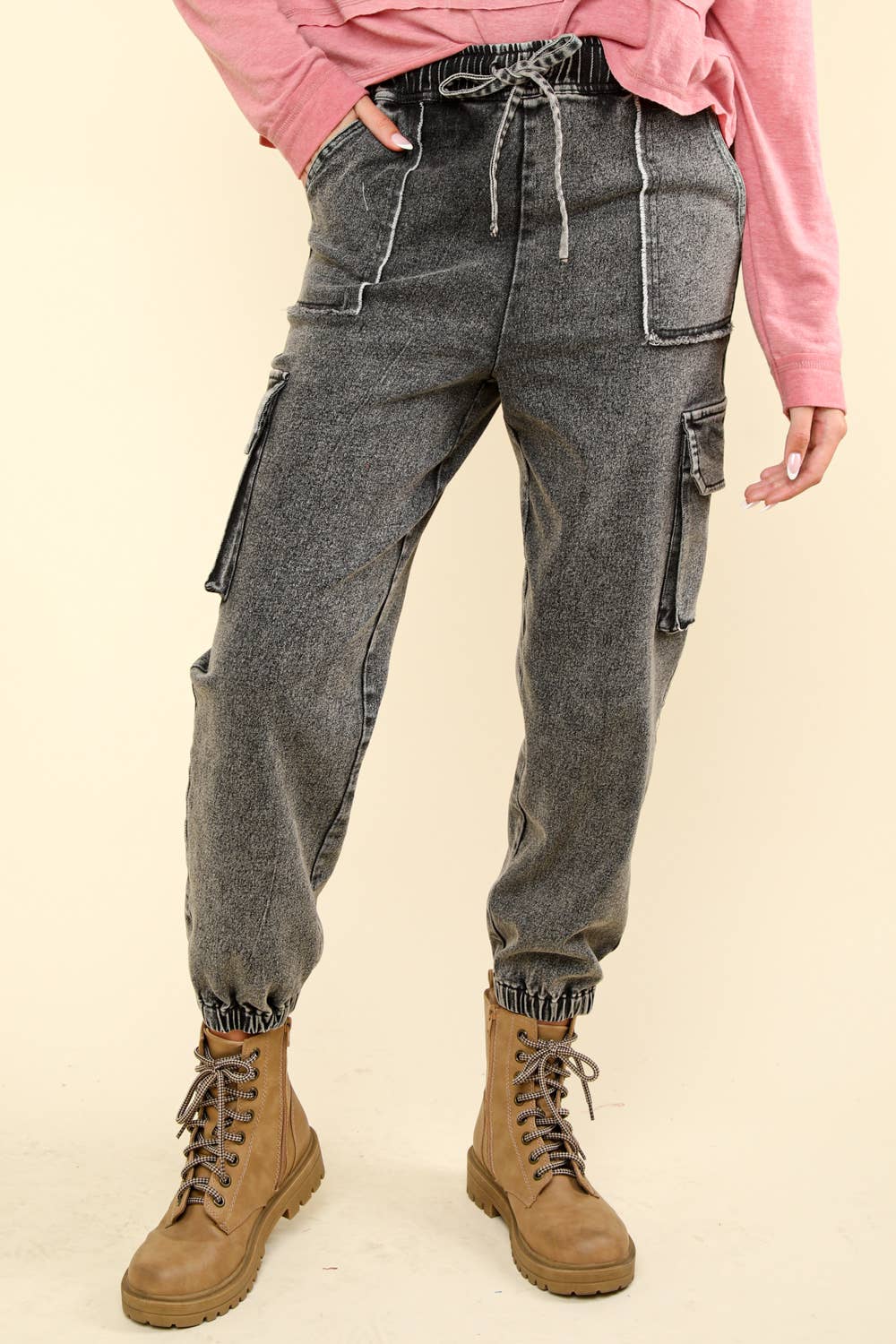 Washed Denim Jogger Cargo Pants Jeans