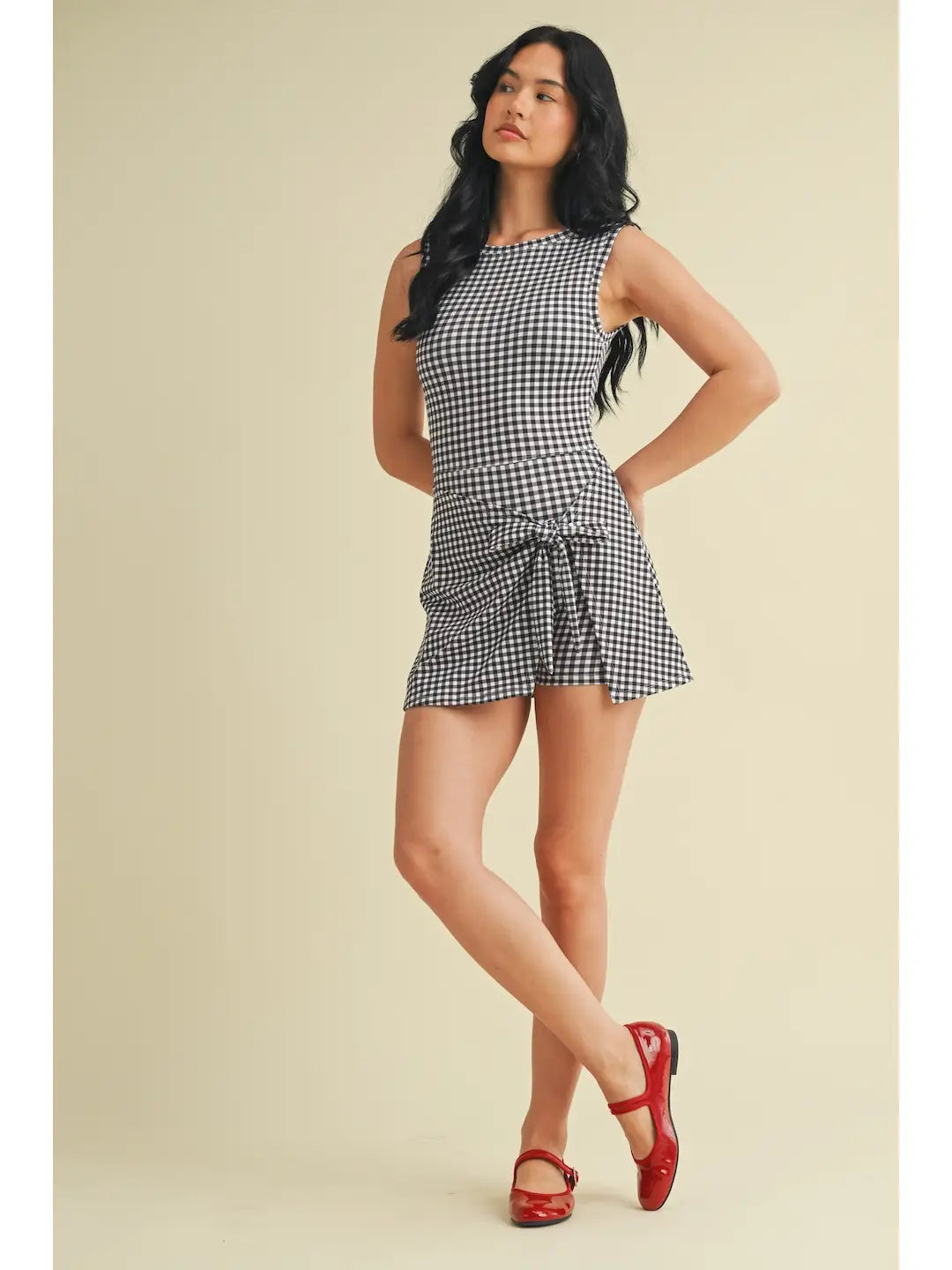 Gingham Print Sleeveless Wrap Tie Front Dress