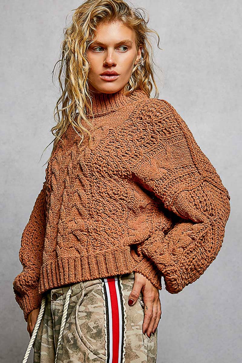 Mock Neck Balloon Sleeve Cable Knit Pullover Sweater