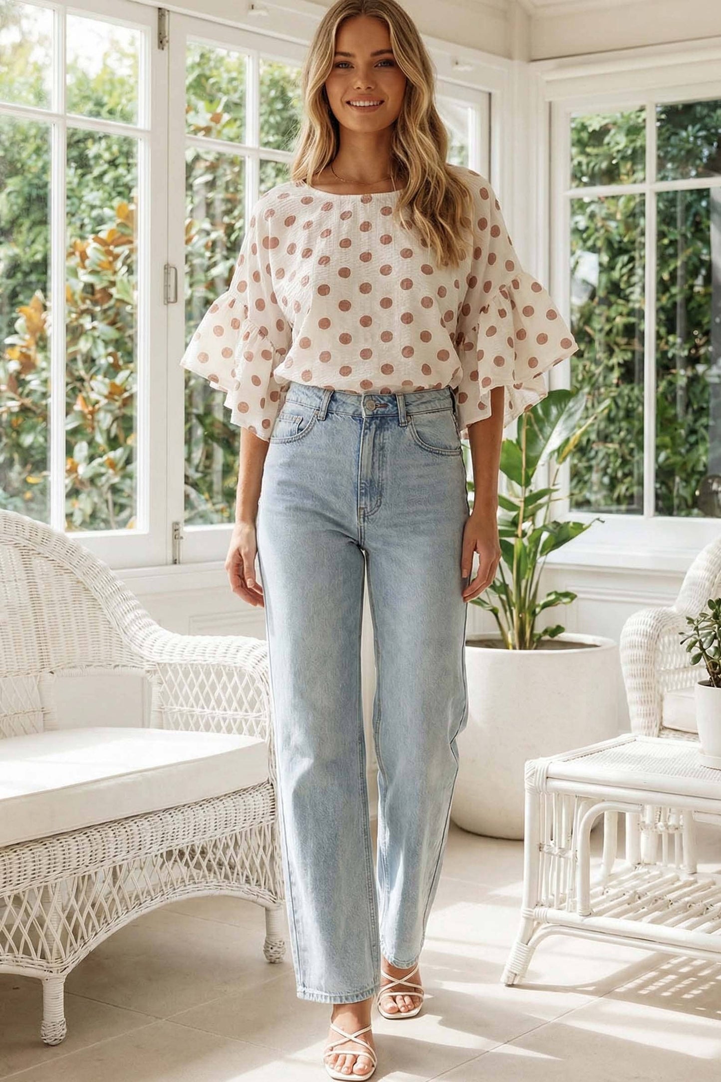 Polka Dot Wild Ruffle Sleeve Flowy Blouse Top