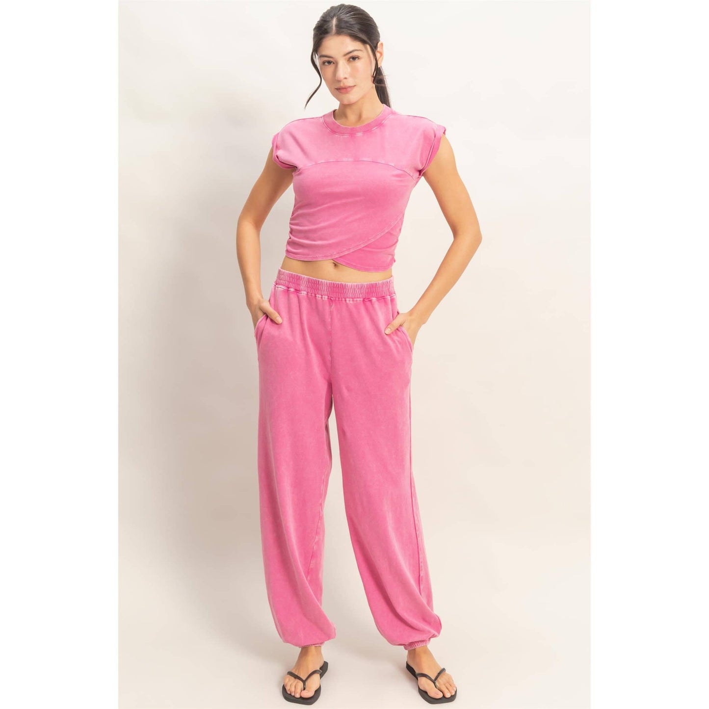 Rolled Sleeve Wrap-Front Crop Top And Jogger Set (Sold As Separates)